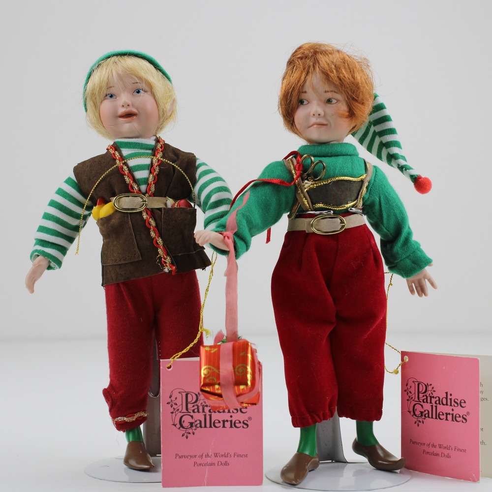 Paradise Galleries Porcelain‎ Christmas Elf Dolls Set of 2 Vintage Holiday Decor